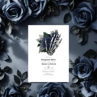 Gothic Navy Blue Roses & Skeleton Hand Engagement Invitation