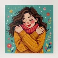 Love Yourself | Girl Hugging Herself Jigsaw Puzzle