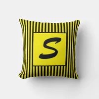 Yellow and Black Stripes Modern Monogram Throw Pillow