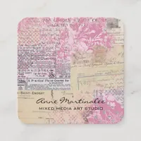 Abstract Vintage Collage Pink Square Business Card