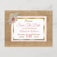 PInk Rustic Burlap Floral Wedding Save the Date Announcement Postcard