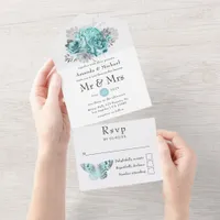 Aqua and Silver Vintage Shabby Roses Wedding All In One Invitation