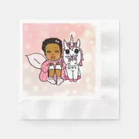 Coral African'-American Fairy and Unicorn Birthday Napkins