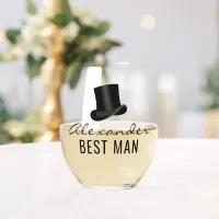 Best Man Name Top Hat Wedding Date Stemless Wine Glass