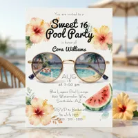 Watercolor Tropical Hibiscus Sweet 16 Pool Party Invitation