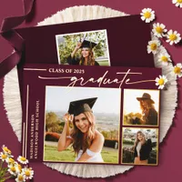 Modern Burgundy Script Graduate Photo Graduation Foil Invitation