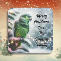 Cute Amazon Parrot on a Winter Branch Christmas Square Sticker