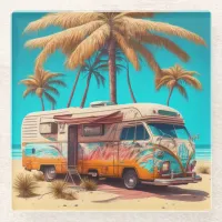 Retro RV and Palm Trees Glass Coaster