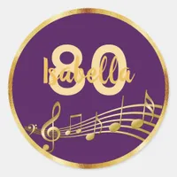 80th birthday gold music notes on elegant purple classic round sticker