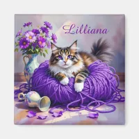 Cat  in Purple Yarn and Flowers Personalized Magnet