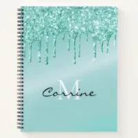 Monogram Aqua Blue Dripping Glitter Metallic Notebook