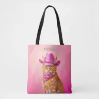 Cute Paining of Ginger Cat in Pink Cowgirl Hat Tote Bag