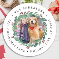 Greenery Wreath Christmas Photo Return Address  Classic Round Sticker
