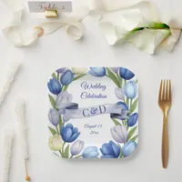 Elegant Watercolor Tulip Wreath Wedding Blue Ivory Paper Plates