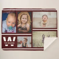 Burgundy Stripes Multiple Photos Custom Monogram Sherpa Blanket