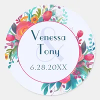 Elegant Pink and Orange Tropical Flowers Wedding Classic Round Sticker