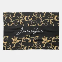 Elegant Royal Black and Gold  Damask Kitchen Towel