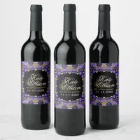 Purple Satin Gold & Black Fractal Lace Wine Label