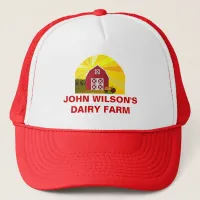 Custom Red Barn Yellow Sunrise Farm Company's Name Trucker Hat