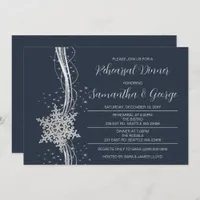 Silver Navy Snowflakes Winter Rehearsal Dinner  Invitation