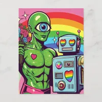 One Eyed Green Alien and a Robot in Love Postcard