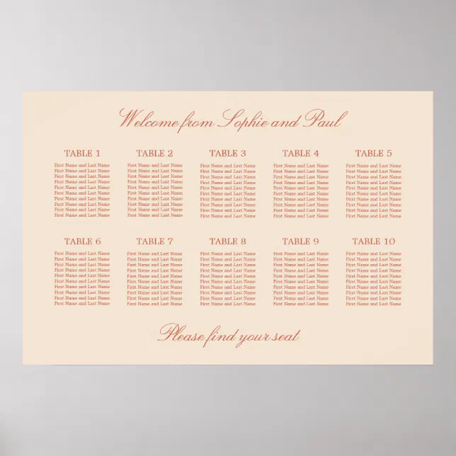 Terracotta Script 10 Table Seating Chart Poster