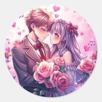 Anime Boy and Girl Valentine's Day Classic Round Sticker