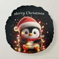 Cute Penguin Wrapped in Christmas Lights Round Pillow