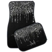 Monogram Name Charcoal Black Glitter Drip Elegant Car Floor Mat