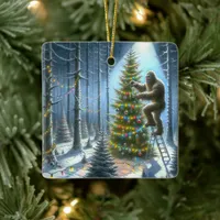 Sasquatch Decorating Christmas Trees Funny Ceramic Ornament