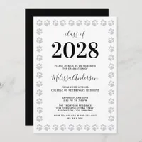 Modern Silver Glitter Paw Prints Graduation Invitation
