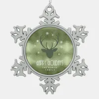 Deer Antlers Silhouette & Snowflakes Green ID861 Snowflake Pewter Christmas Ornament