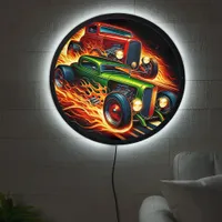 Classic hotrods racing through fiery trails LED sign