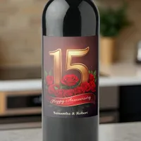 Opulent Red Roses Gold 15th Wedding Anniversary Wine Label