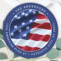 Patriotic USA American Flag Blue Return Address Classic Round Sticker