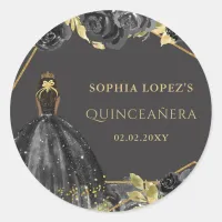 Elegant Black Gold Floral Princess Quinceanera  Classic Round Sticker