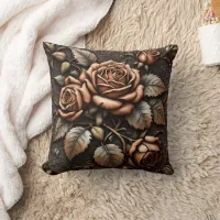 Elegant Brown Rose Relief Against Dark Background Throw Pillow