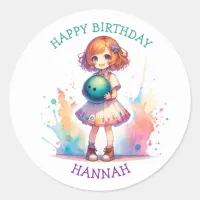 Bowling Party Girl's Anime Birthday Personalized  Classic Round Sticker