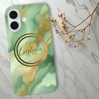 Luxurious Elegant Emerald Green Marble & Gold Vein iPhone 16 Case