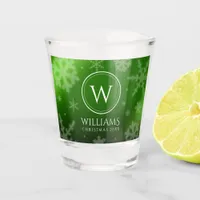 Festive Green Foil Snowflakes Monogram Name Shot Glass