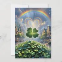 Shamrocks in a village with a rainbow in the sky holiday card