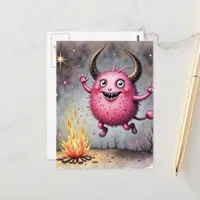 Watercolor Cute Pink Monster and a Campfire Postcard