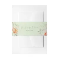 Blush Pink Watercolor Flowers Sage Green Wedding Invitation Belly Band