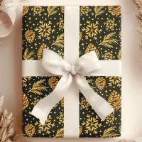 Gold Rustic Pine Cone Green Holiday Christmas Wrapping Paper