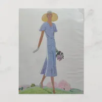 Woman in Blue and White Dress 1930s Fashion Postcard