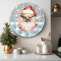 Retro Santa Claus Blue And White Plaid Christmas Large Clock