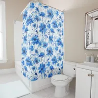 Large Watercolor Style Cornflower Type Blue Flower Shower Curtain