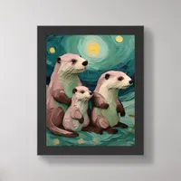 Adorable Otter Family Van Gogh Style Framed Art