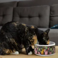 Whimsical Olive Green and Pink Cat Bowl