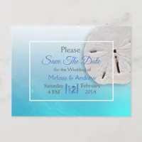 Aqua Blue Sand Dollar Themed Wedding Save the Date Announcement Postcard